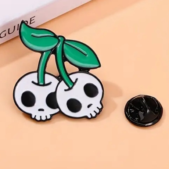 3/$10 White Cherry Skull Head Brooch Pin NEW - Picture 3 of 5